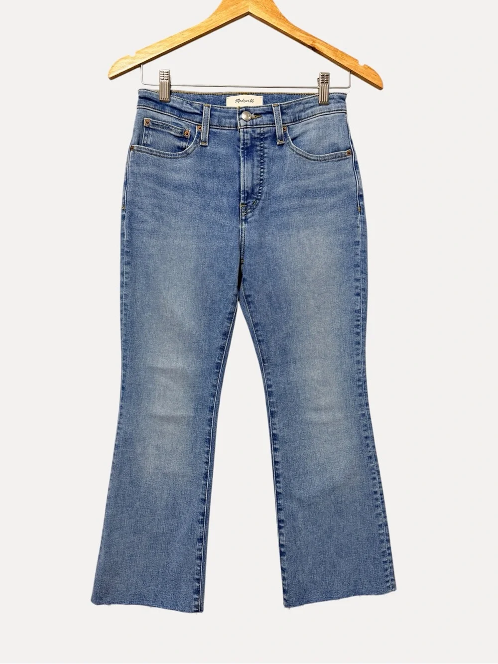 Madewell Short Flare Crop Jeans NWT Size 26S Medium Wash Super Stretch Raw Hem